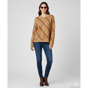 THML Anthropologie Tan Orange Chain Link Diamond Pattern Preppy Sweater NWT Med